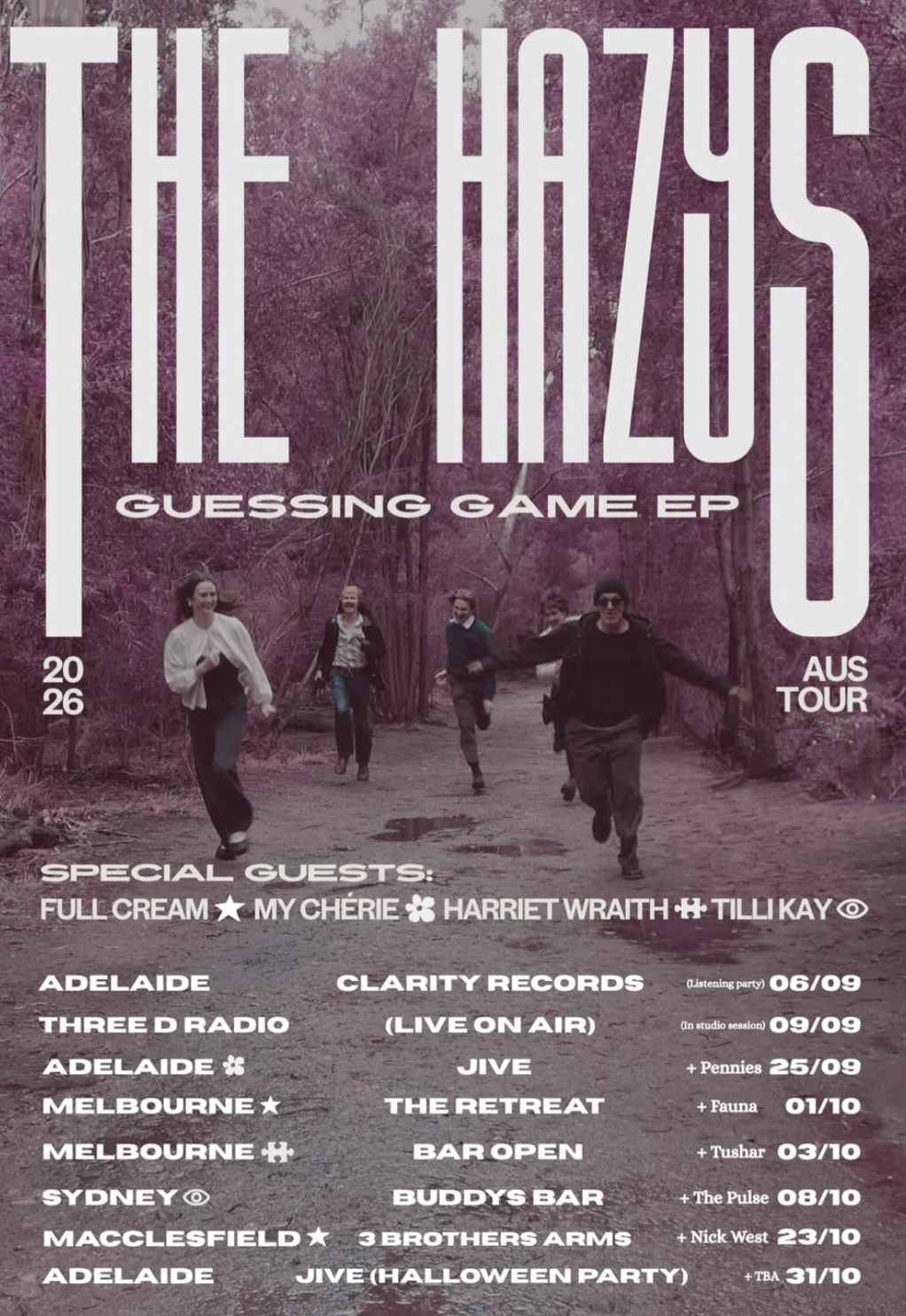 Tour poster for The Hazys 2026 Guessing Game EP Australian tour featuring a purple-tinted photo of the band running outdoors.